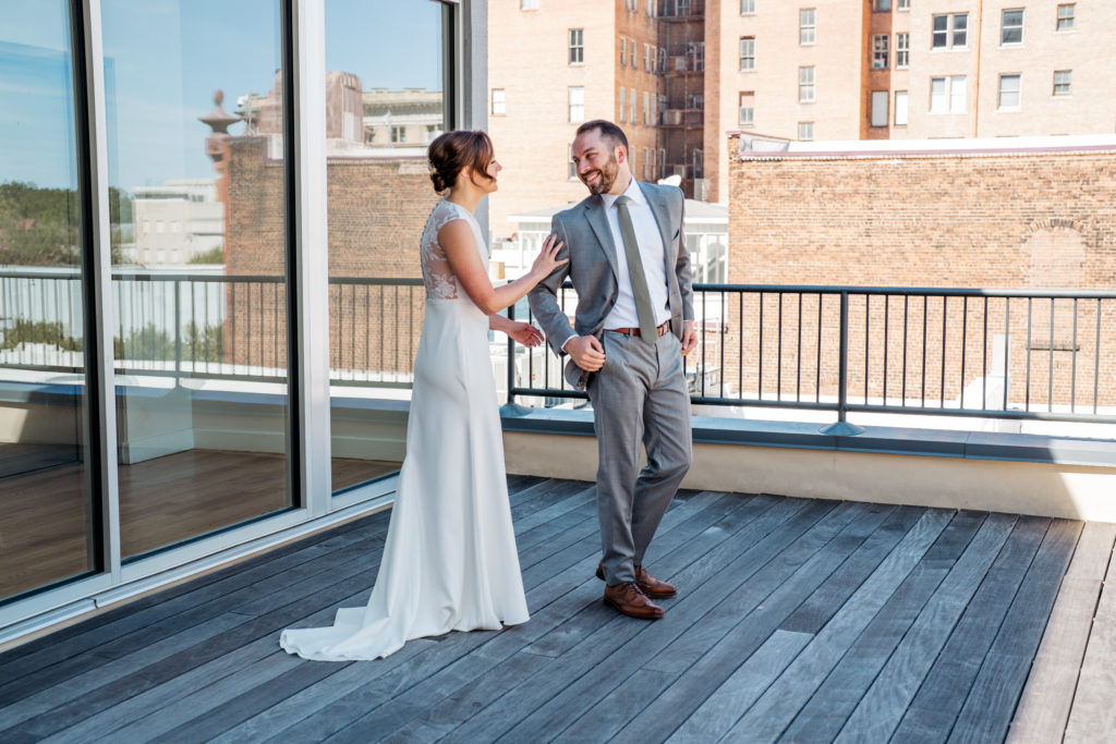 First look at wedding in Downtown Raleigh