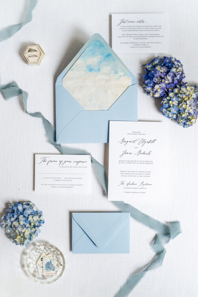 Wedding stationery flat lay by Clover Paperie