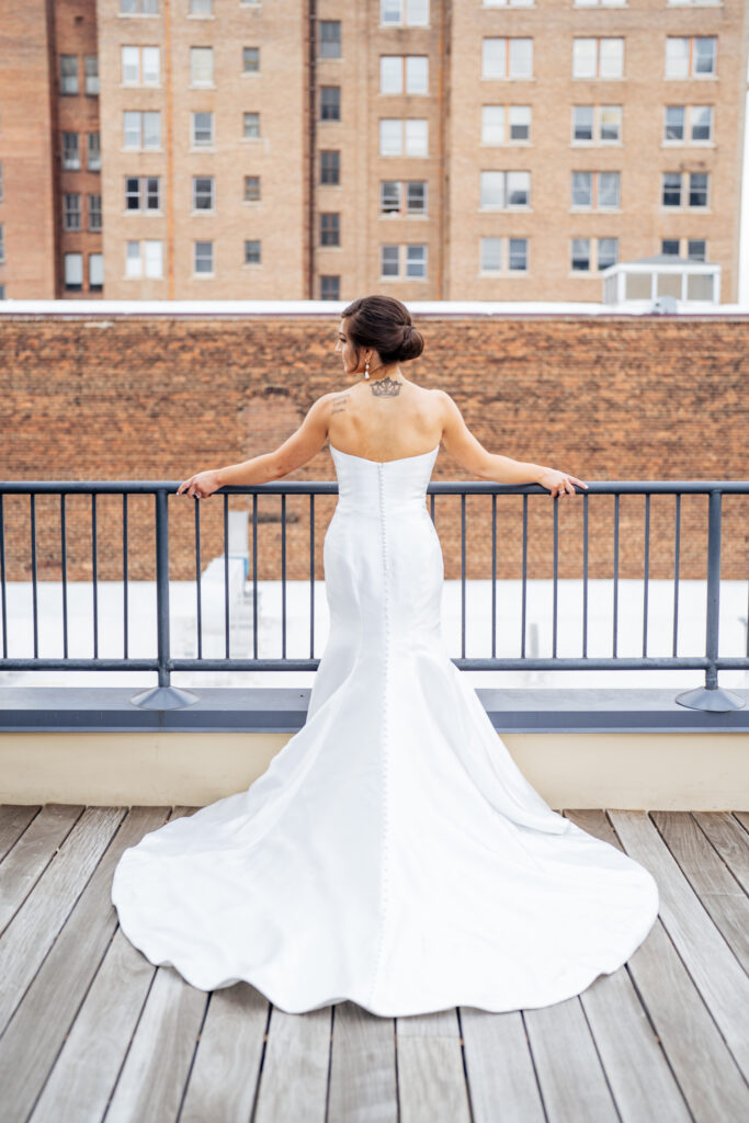 bridal portrait on the deck of the Glass Box in downtown Raleigh
