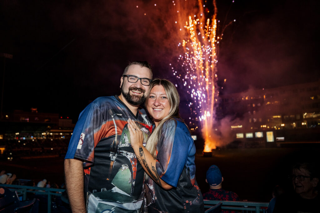 Engagement proposal at Durham Bulls Stadium in Durham, NC with fireworks