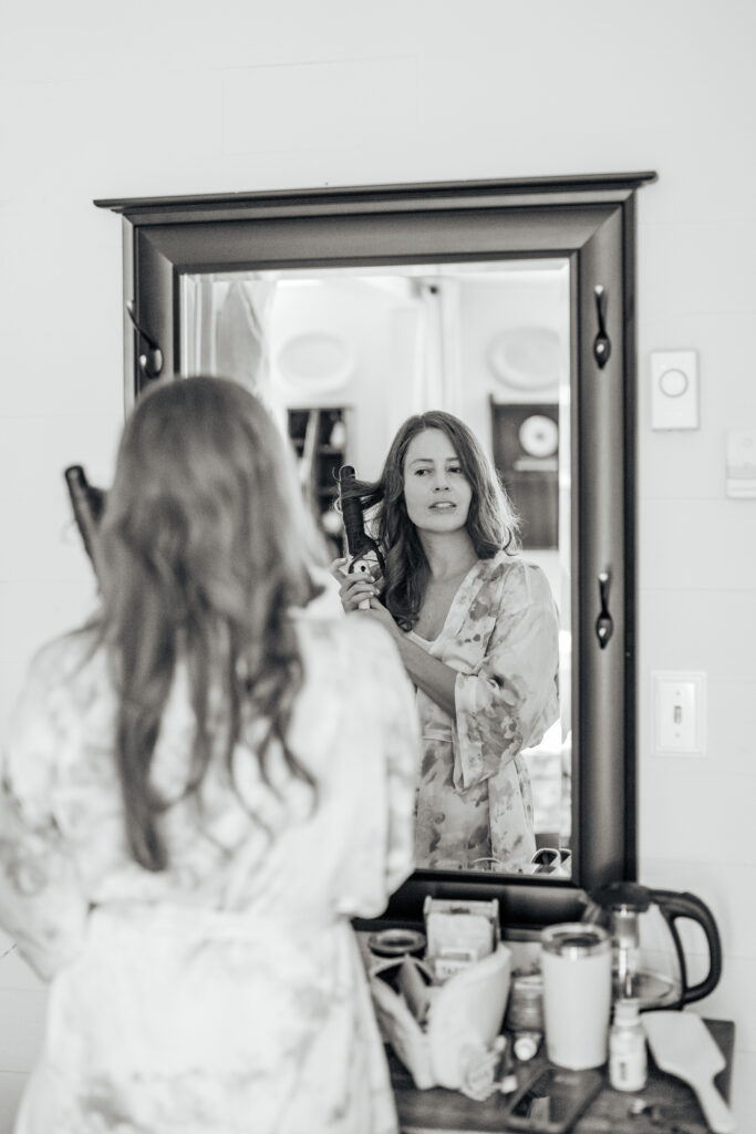 Bride gets ready for her wedding at the Mast Farm Inn in Boone, NC