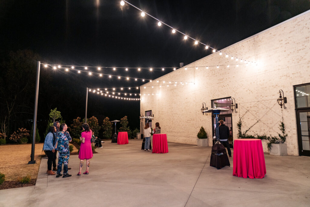 Outdoor patio at night at the Maxwell wedding venue in Raleigh, NC