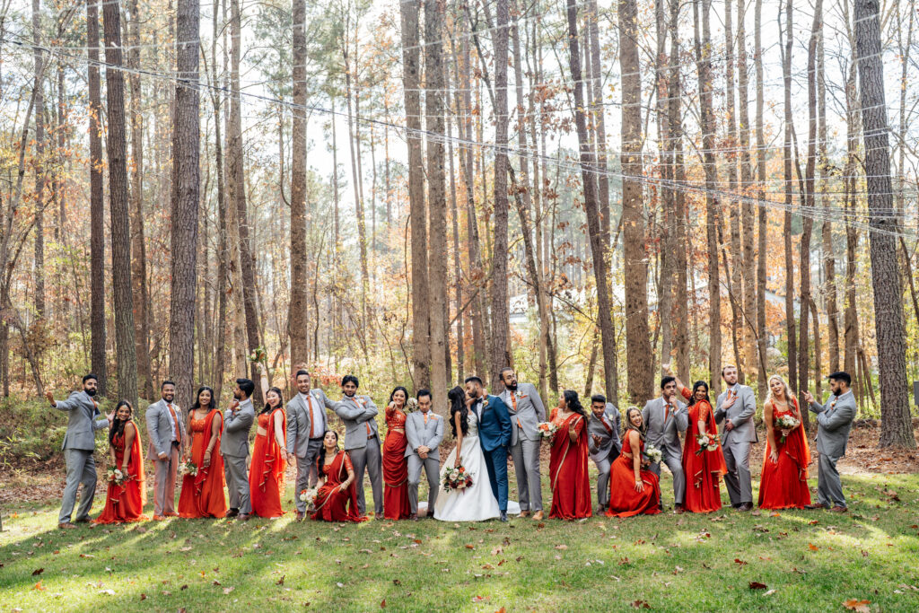 Wedding party portrait in the enchanted forest at Pinehill Pavilion