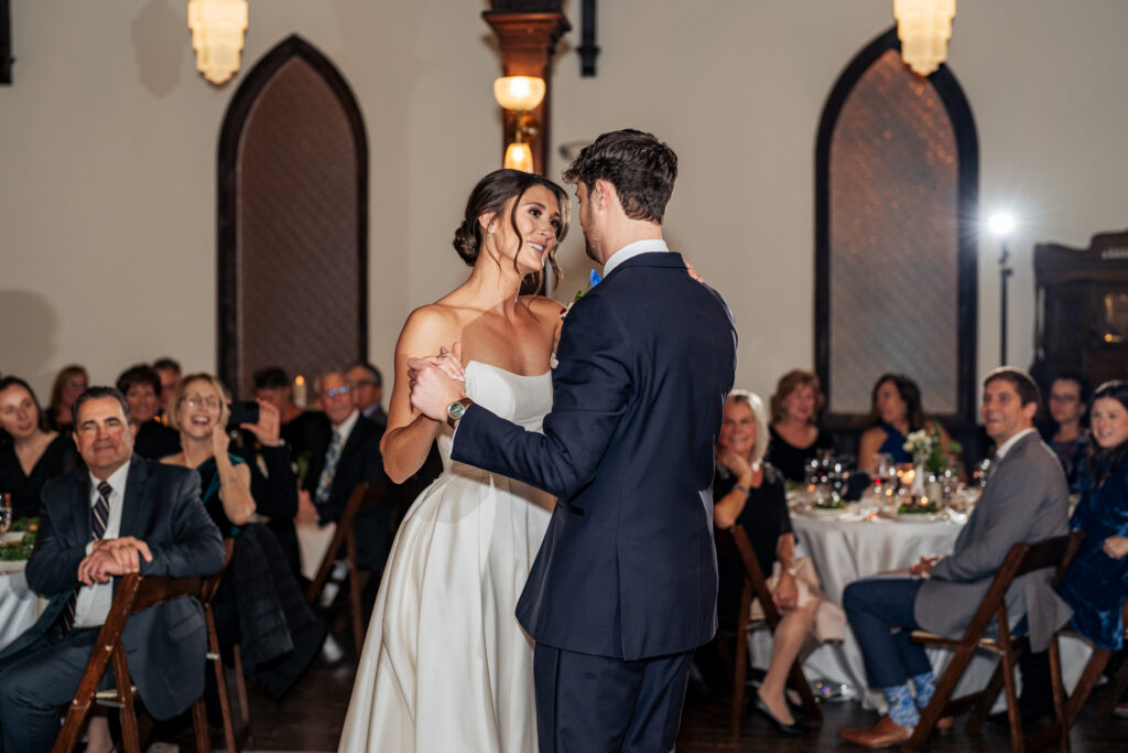 bride and groom's first dance at All Saints Chapel wedding reception