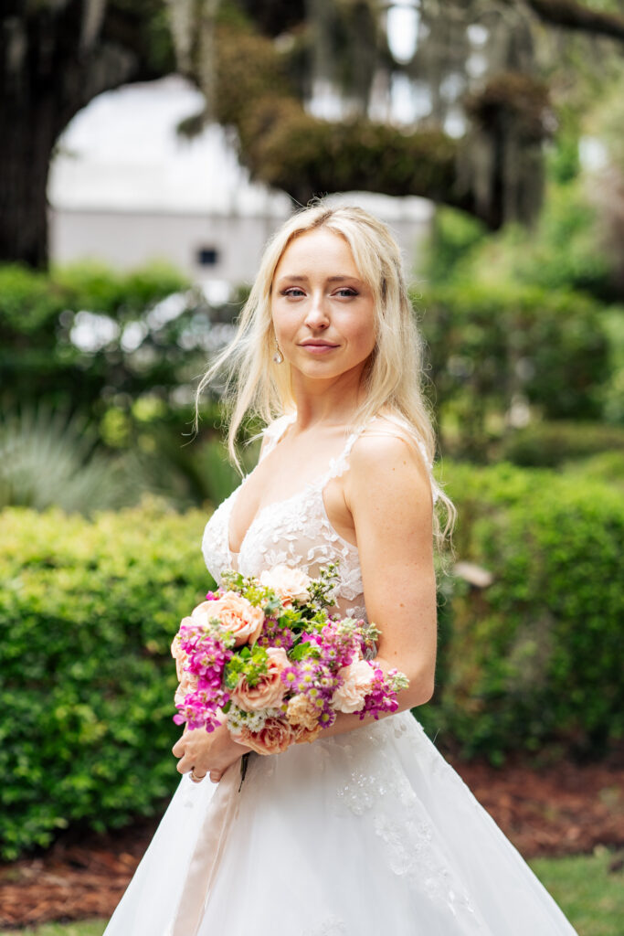 Bridal portrait under Spanish moss in Wilmington, NC