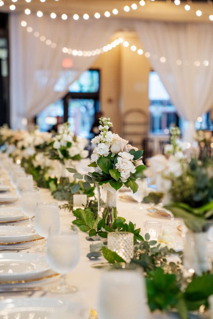 table setting at wedding reception at Market Hall in downtown Raleigh