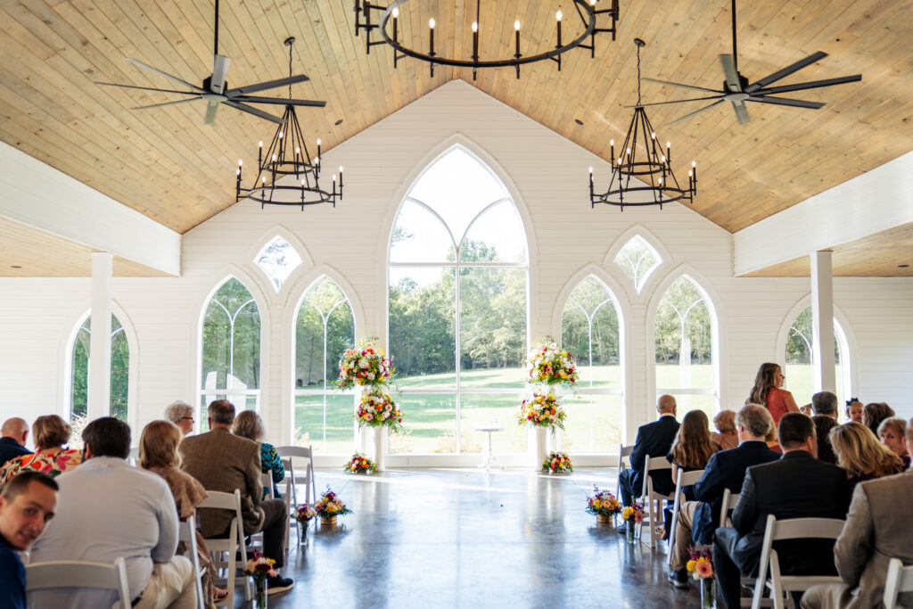 Daniel's Ridge chapel decorated for a wedding ceremony in Sanford, NC