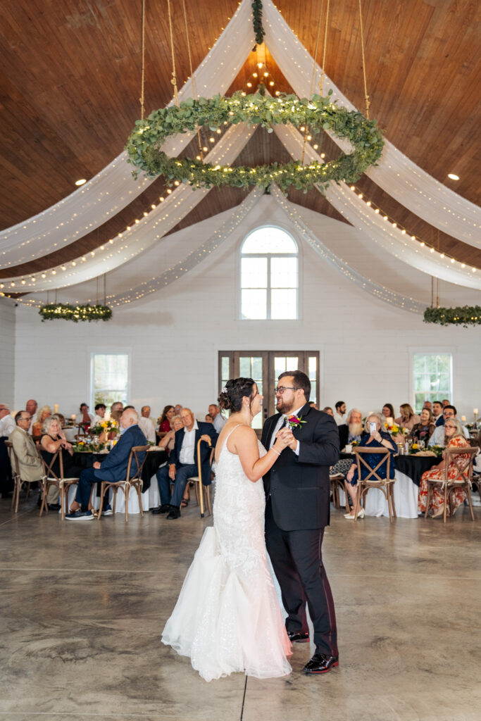 bride and groom first dance at Daniel's Ridge wedding venue