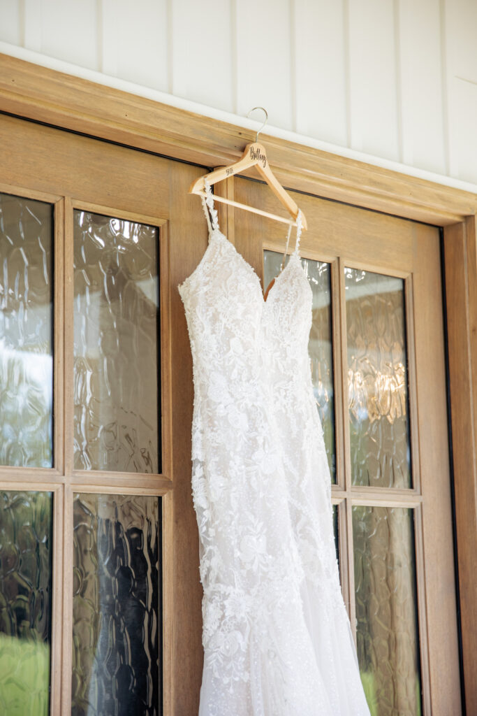 bridal gown hanging at Daniel's Ridge wedding venue