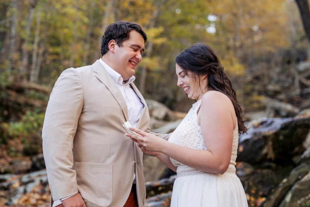 bride and groom read private vows in elopement in Shenandoah