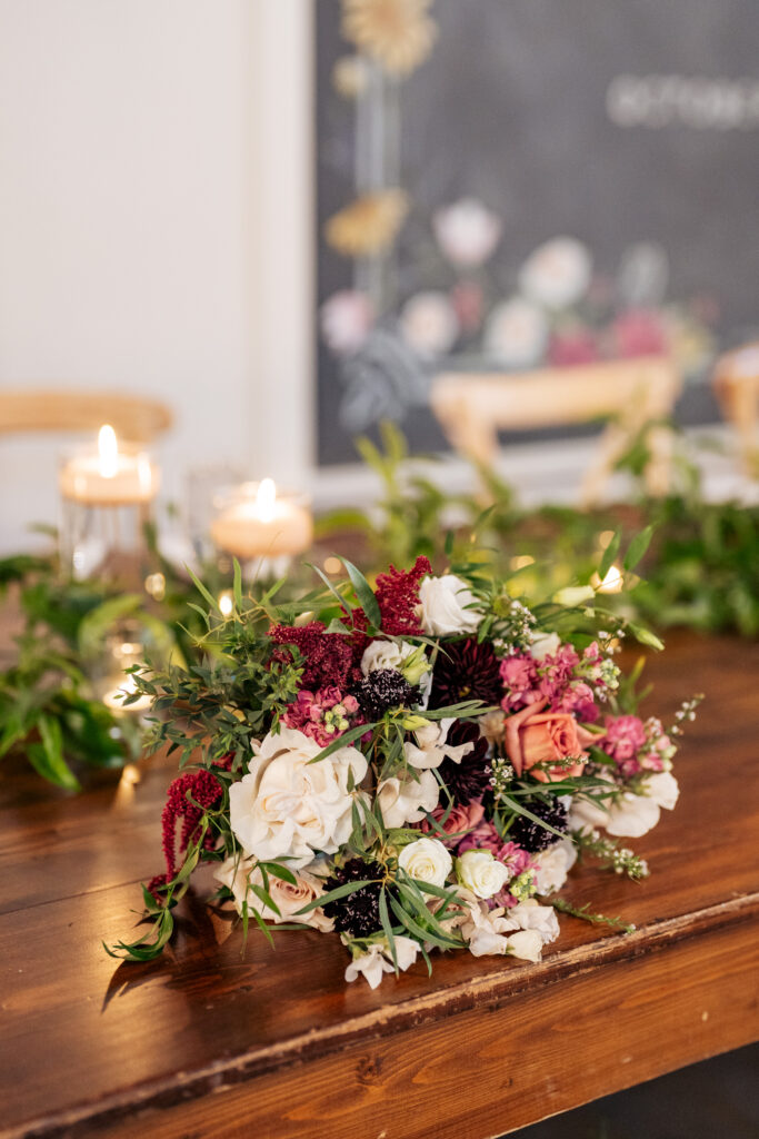 bridal bouquet on table at the Barn of Chapel Hill wedding