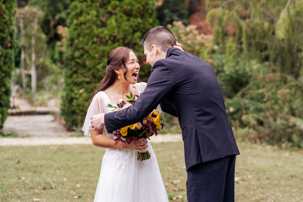 bride and groom share first look