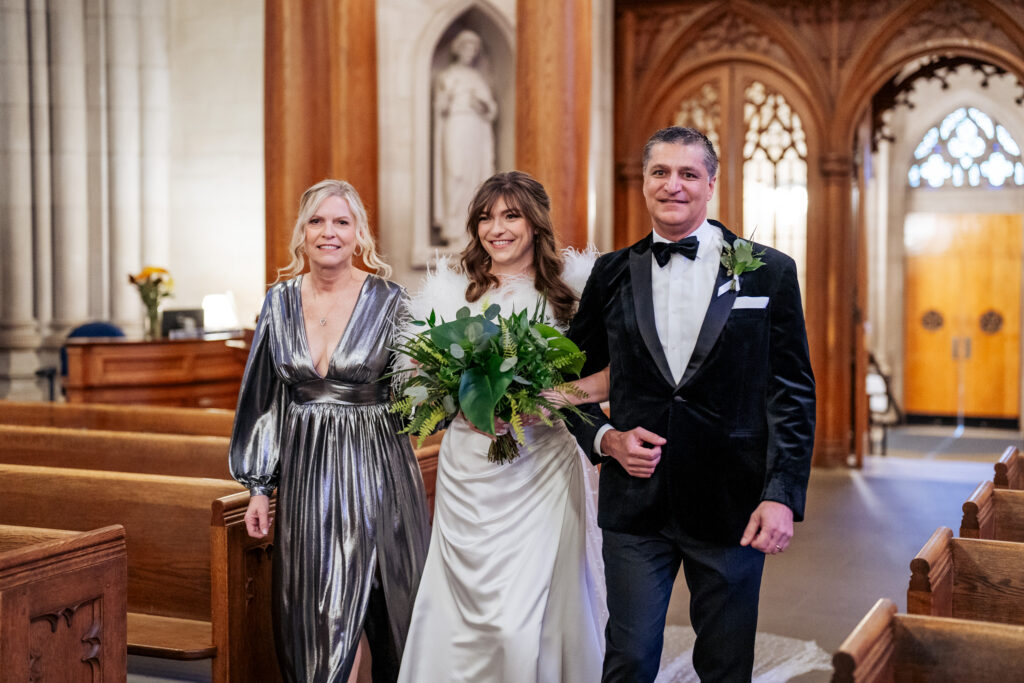 bride walking down the aisle at Duke Chapel wedding