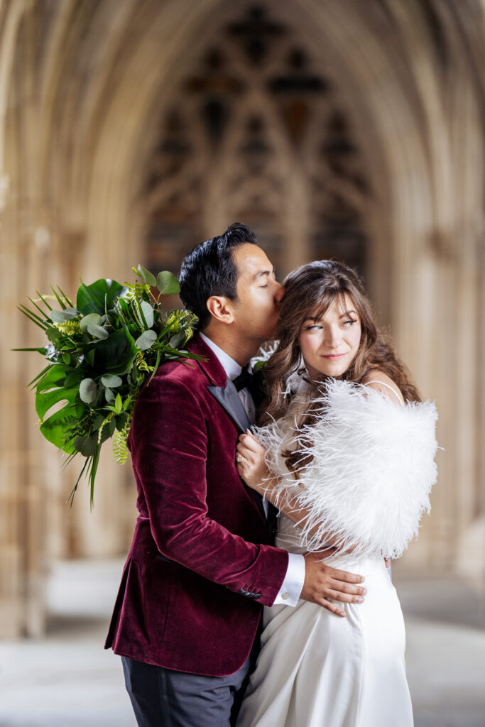 bride and groom portrait in the arcades at Duke Chapel