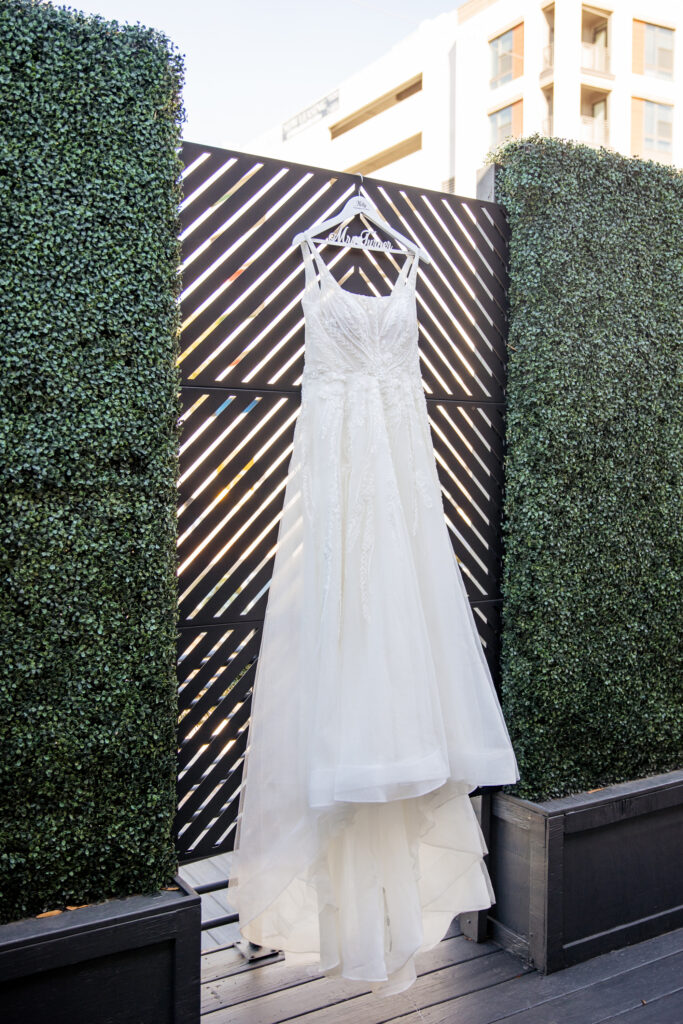 wedding dress hanging outside at traine at seaboard station