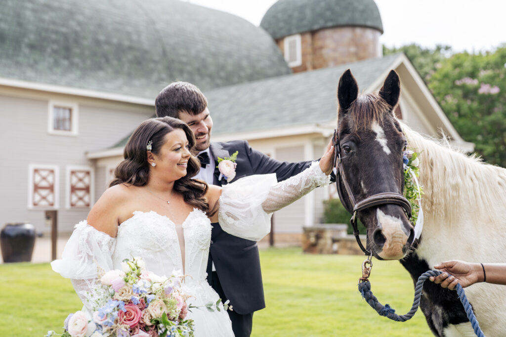 bride and groom pet a horse at the Historic Wakefield Barn