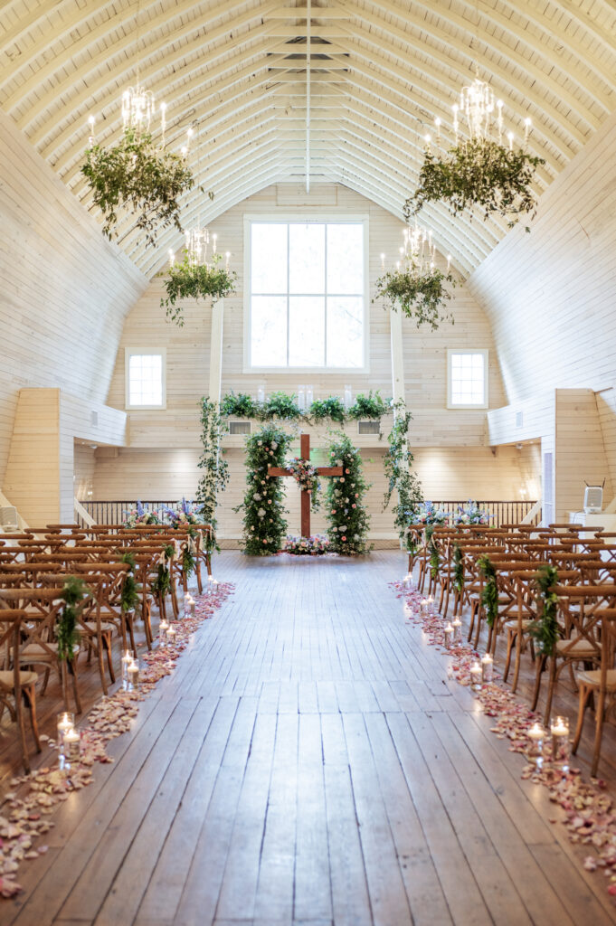 Ceremony set up for Historic Wakefield Barn indoor wedding