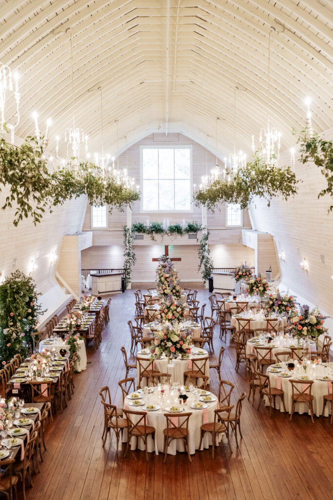 overhead photograph of the reception set up taken from the balcony at the Historic Wakefield Barn